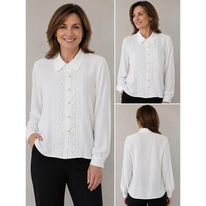 Christie & Jill White Blouse Women's Size 14 Lace Front Pearl Button Long Sleeve